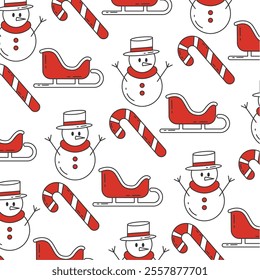 Snowman, sleigh, and candy cane Christmas pattern Vector