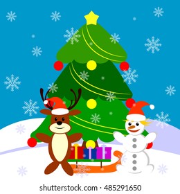 snowman and small deer on sleigh with gifts under the Christmas tree