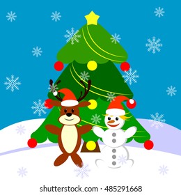 snowman and small deer under the Christmas tree