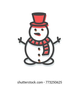 Snowman small icon, Christmas decoration elements, winter character, with red hat and warm knitted scarf with pattern, isolated on vector illustration