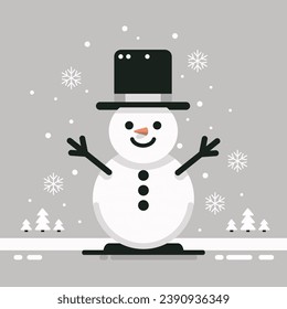 Сute snowman with a smiling face. Black and white vector illustration in flat style. Design element for Christmas and Happy New Year greeting card, postcard, labels, cover.