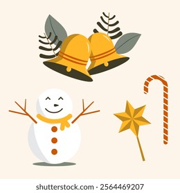 A snowman is smiling and holding a scarf. Clip art	