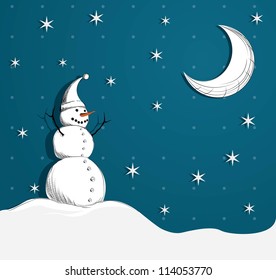 Snowman smiling at the moon