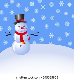 Snowman in the snow against the blue sky with snowflakes. Vector Image.
