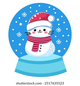 Сat snowman in snow ball. Christmas snow ball with cute cat snowman in Santa Claus hat, scarf and snowflakes. Flat design vector illustration of Christmas snow ball. Isolated on white background.