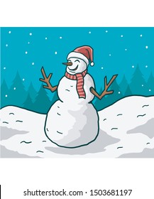 snowman or snow doll vector wearing christmas beanie with snow all around and spruce on the background