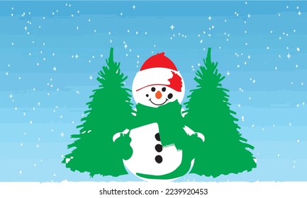 un muñeco de nieve con fondo de caída de nieve y un árbol vector sonriente con árboles a ambos lados