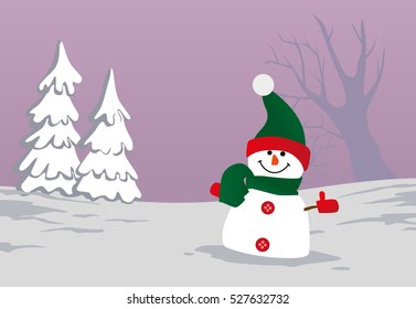 Snowman in the snow field vector illustration