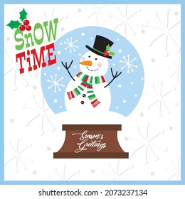 Snowman in snow globe for christmas card, gift bag or box design