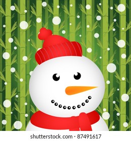Snowman with snow on bamboo background