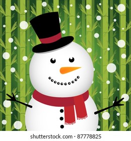 Snowman with snow on bamboo background