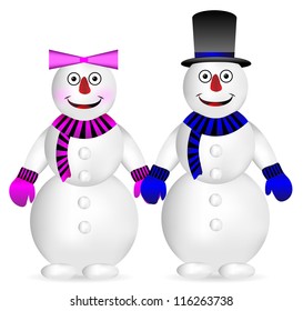 Snowman and snow woman over white background