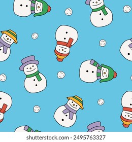 Snowman Snowball Winter Vector Seamless Pattern  illustration for Print, Wallpaper, Decoration.
