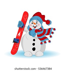 Snowman with snowboard, vector illustration 
