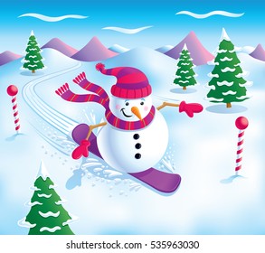 Snowman Snowboarding On The Slopes