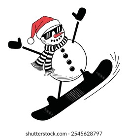 Snowman Snowboarding with Santa Hat and Sunglasses Illustration	