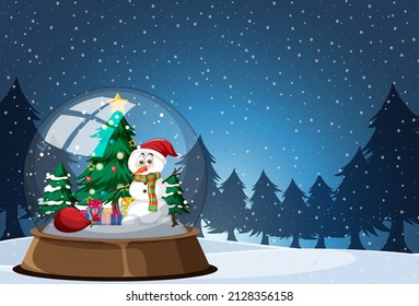 Snowman in snowdome on snow falling background illustration