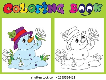 Snowman with snowdrops and the sun. Coloring book for kids.