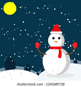 Snowman and a snowfall in Christmas night