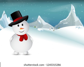 snowman and snowfall with landscape.