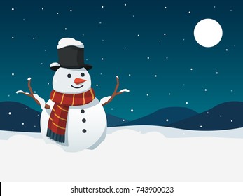 snowman and snowfall with landscape and moon vector illustration