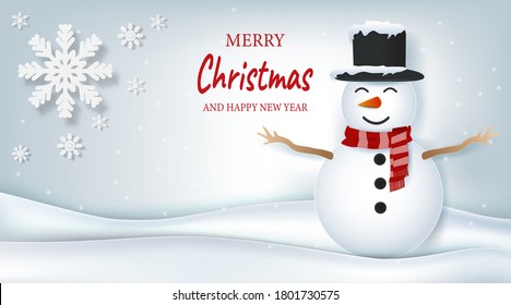 Snowman and snowflake Christmas season paper art, paper craft style winter illustration