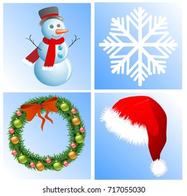 Snowman, snowflake, christmas wreath and christmas cap on blue squares
