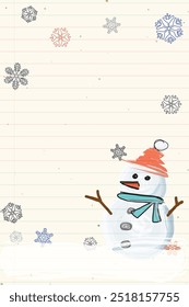 Snowman with snowflake hand drawn childish style on old notebook paper graphic illustration have blank space. Merry Christmas and Happy New Year greeting card vertical template.