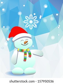 Snowman and a snowflake on the background of blue sky