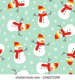 Snowman and snowflake pattern on light blue background. Great for wallpaper, background, wrapping paper, fabric, packaging, greeting cards, invitations