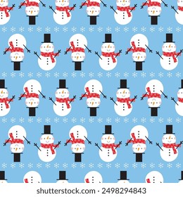 snowman and snowflake seamless pattern on blue color background