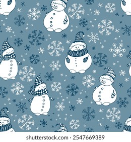 Snowman and snowflake seamless pattern on blue background. Doodle style Hand drawn vector illustration.