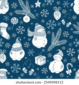Snowman and snowflake seamless pattern on dark blue background. Doodle style Hand drawn vector illustration.