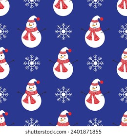 Snowman and snowflake seamless pattern. Vector illustration.