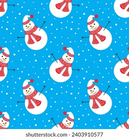 Snowman and snowflake seamless pattern. Vector illustration.