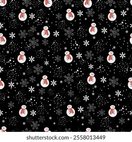 
Snowman and snowflakes black seamless fabric design pattern