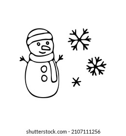 Snowman and snowflakes doodle. Snowy weather. Vector hand drawn meteorological forecast symbols. Snowfall season. Thin line web design icon.