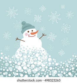 Snowman with snowflakes in flat design style. Vector illustration.