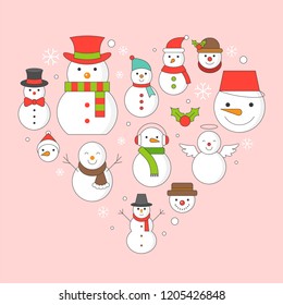 snowman and snowflakes icon on background for christmas holidays, outline editable stroke