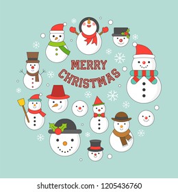 snowman and snowflakes icon on background for Christmas holidays, thin line editable stroke