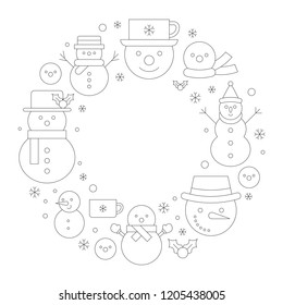 snowman and snowflakes icon on background for Christmas holidays, outline editable stroke for use as backdrop or poster and coloring book