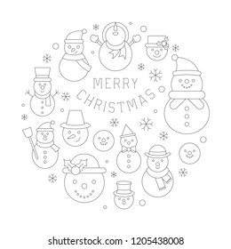 snowman and snowflakes icon on background for Christmas holidays, outline editable stroke for use as backdrop or poster and coloring book