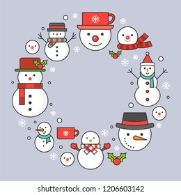 snowman and snowflakes icon on background for Christmas holidays, bold line editable stroke