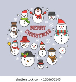 snowman and snowflakes icon on background for Christmas holidays, bold line editable stroke