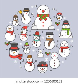 snowman and snowflakes icon on background for Christmas holidays, bold line editable stroke