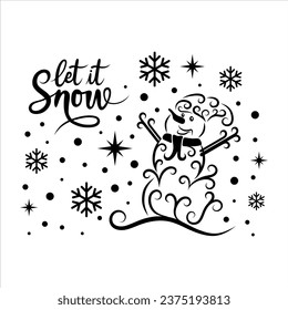 Snowman and Snowflakes, Let It Snow, Christmas Scene, Hand Drawn Vector Illustration