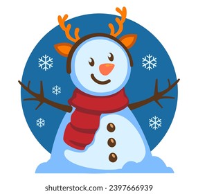 Snowman and snowflakes on a blue background with Reindeer Antler Headband