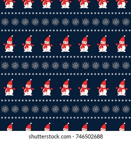 Snowman with snowflakes seamless pattern on blue background. Vector holidays background for new year and Christmas. Sweater style design for fabric, textile, wallpaper and decor.