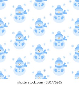 Snowman and snowflakes. Seamless pattern. Vector illustration on a white background. Swatch inside.