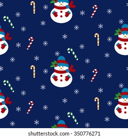 Snowman and snowflakes. Seamless pattern. Vector illustration on a white background. Swatch inside.